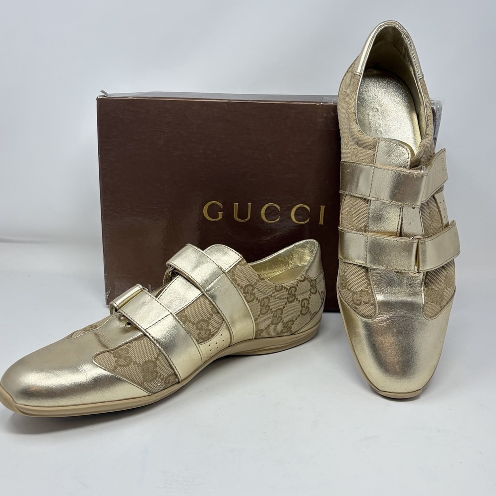 Gucci Guccissima Metallic Gold Canvas Leather‎ Hook Loop Sneakers Women 11 - Picture 2 of 15